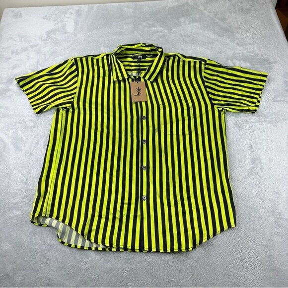 Stussy NWT 100% Silk Green/Black Striped Shirt Size Large Men's Button Down - Picture 1 of 13